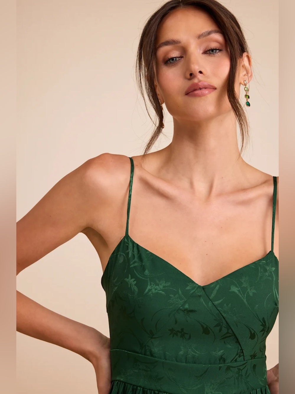 Lulus Regal Romance Emerald Floral Jacquard Pleated Satin Midi Dress - Picture 5 of 9